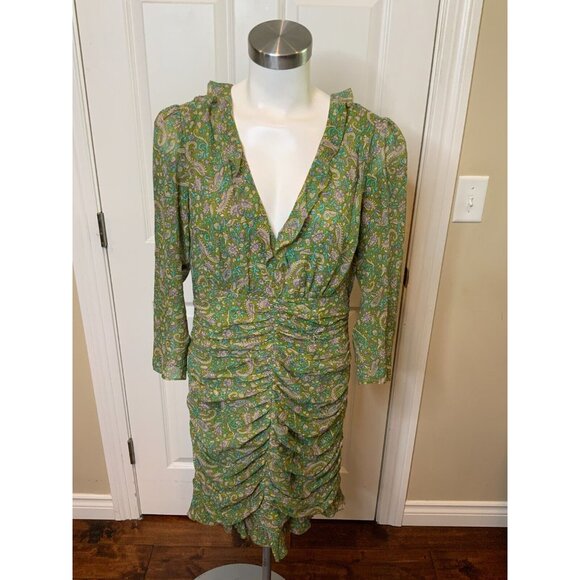 Veronica Beard Shala Green Paisley Silk Ruched Long Sleeve Mini Dress Size 10 - Picture 2 of 6
